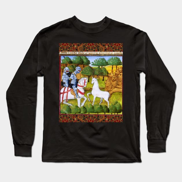 Lancelot and Mordred Crossing a White Stag Escorted by Lions,Arthurian Legends Medieval Miniature Long Sleeve T-Shirt by BulganLumini